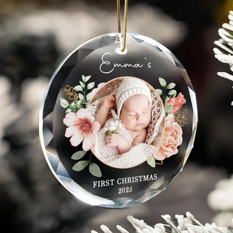 Personalized Baby Photo Ornament Custom Glass Keepsake for First Christmas 2025 Floral Gift for Families