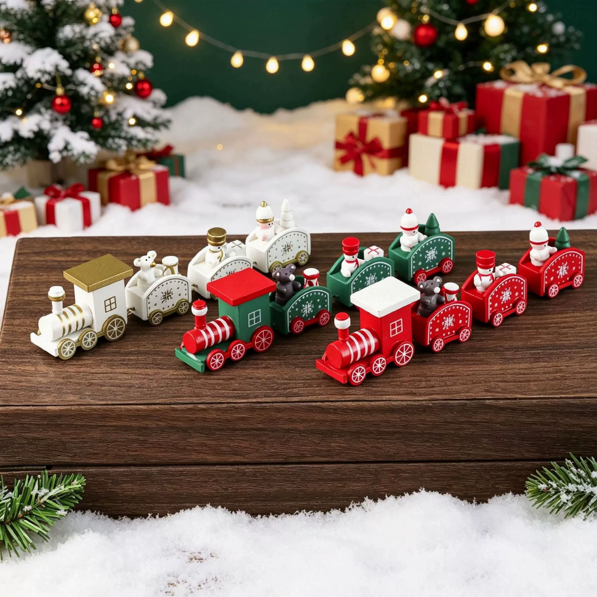 Christmas Wooden Train Mini Desktop Holiday Decoration Tabletop Ornament Crafts for Xmas Decor Kids Party Gifts