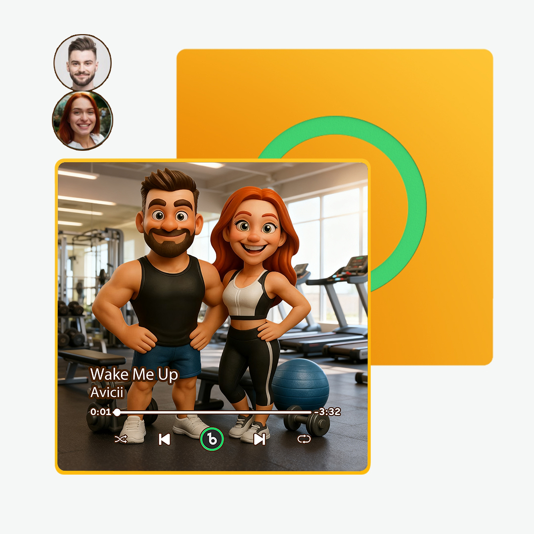 Custom Couple Fitness Themed Style Cartoon Portrait Music Fridge Magnet - GiftlabUS