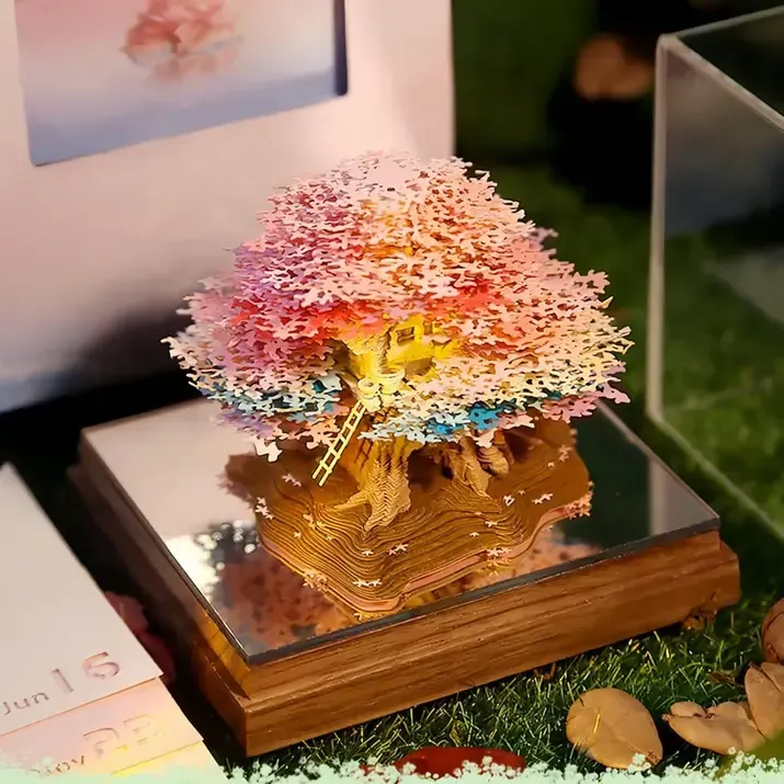 Cross-Border Creative Cultural and Creative Gifts Peach Blossom Forest 2026 Paper Sculpture Calendar Miniature Model Desktop Ornament 3D Stereo Sticky Notes