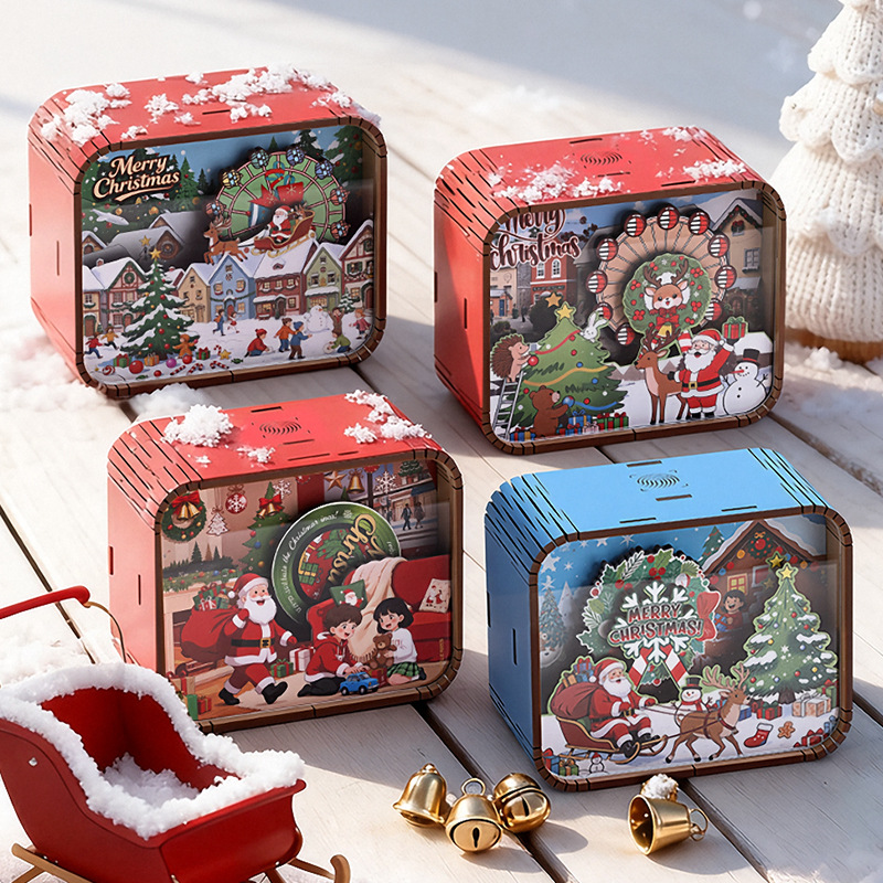 Wooden Christmas Music Box with Color-Changing Night Light - Holiday Gift - GiftlabUS