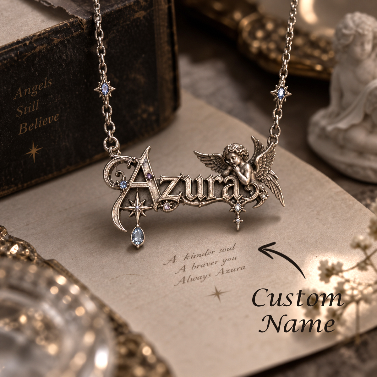 Vintage Angel Name Necklace – 925 Sterling Silver Personalized Necklace with Antique-Finish Angel Design - namenecklace