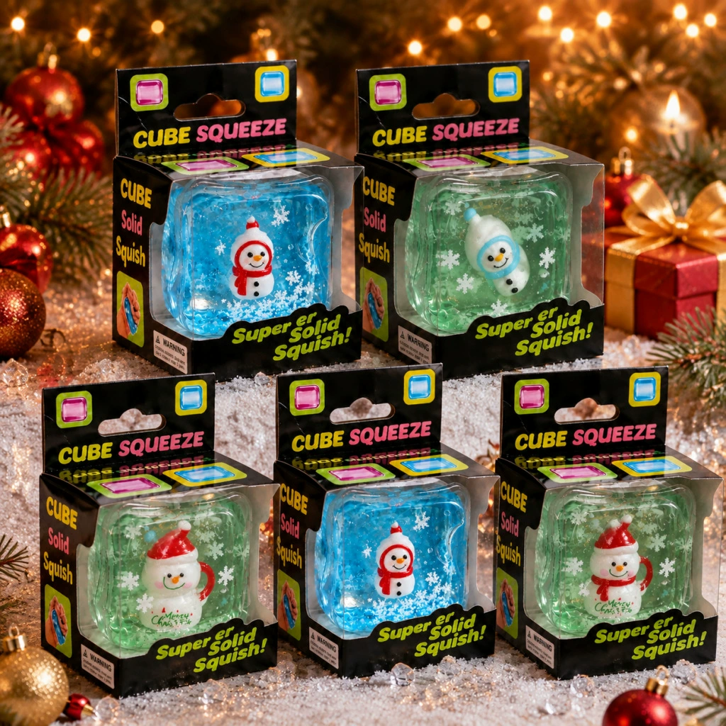 Christmas Ice Cube Squishy Toy Super Solid Snowman Squeeze Toy with Floating Snowflakes Stress Relief Fidget for Kids & Adults