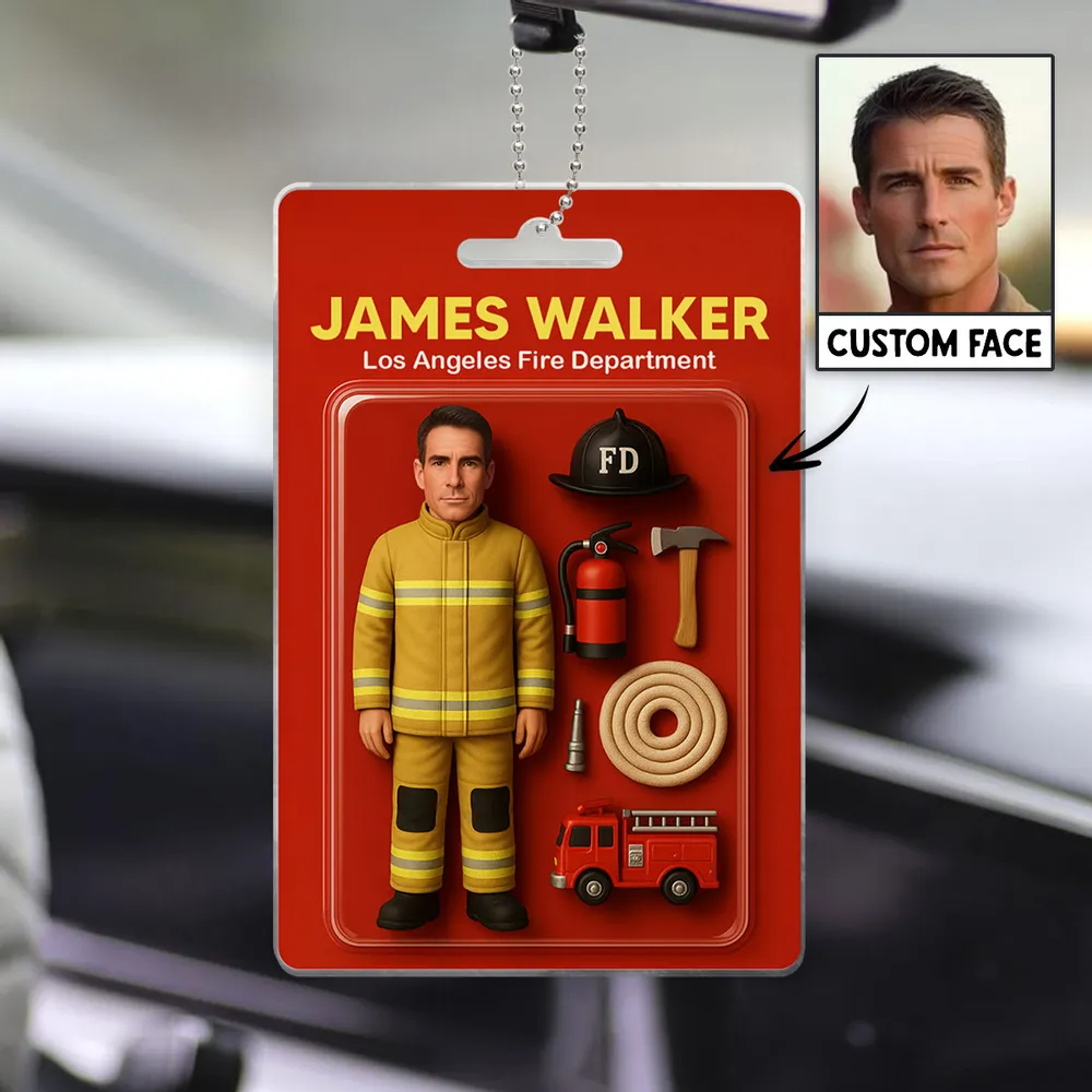 Fully Body Customizable 3D Effect Action Figure Pack Packaging Toy Box Style Art Gift Personalized Acrylic Car Hanger Gift for Fireman - Giftlab