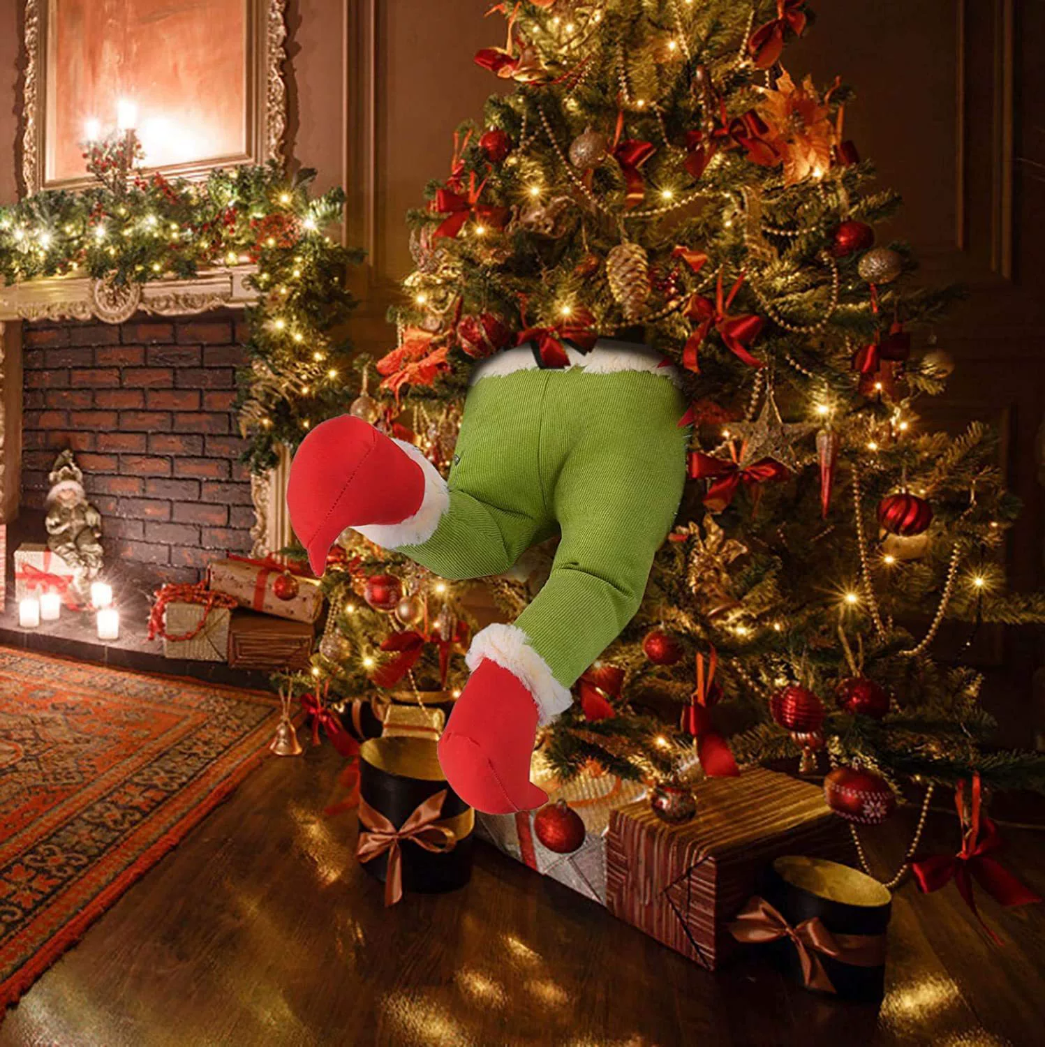 Funny Christmas Elf Legs Tree Decoration Plush Stuffed Green Monster Legs stuck in Christmas Tree