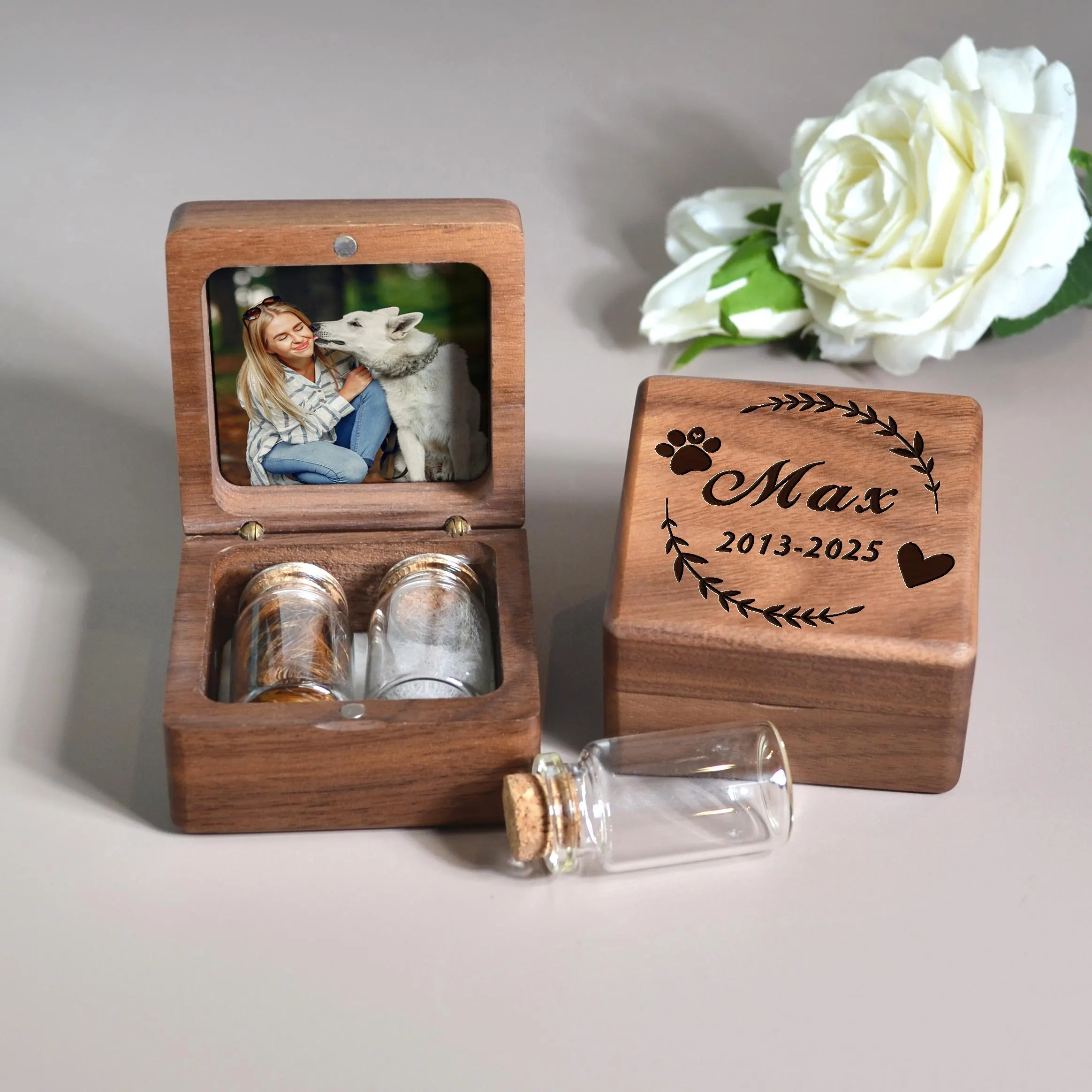 Custom Wooden Pet Fur Keepsake Box: Engraved Pet Memorial Gift