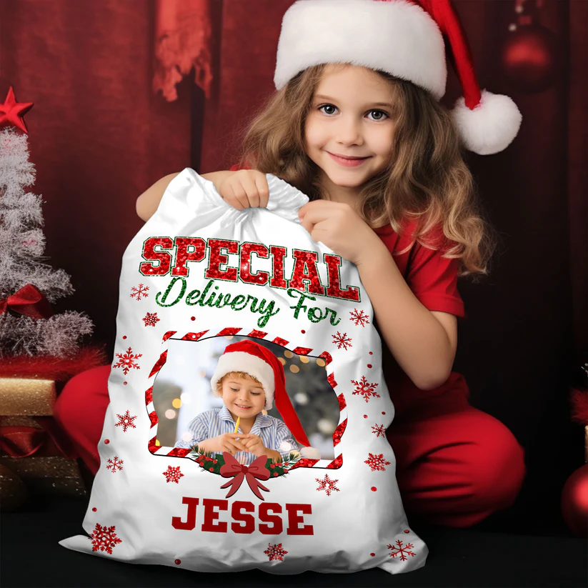 Merry Christmas Glitter Bag Custom Photo - Christmas Family Gift - Personalized Christmas Sack - Custom Christmas Bag