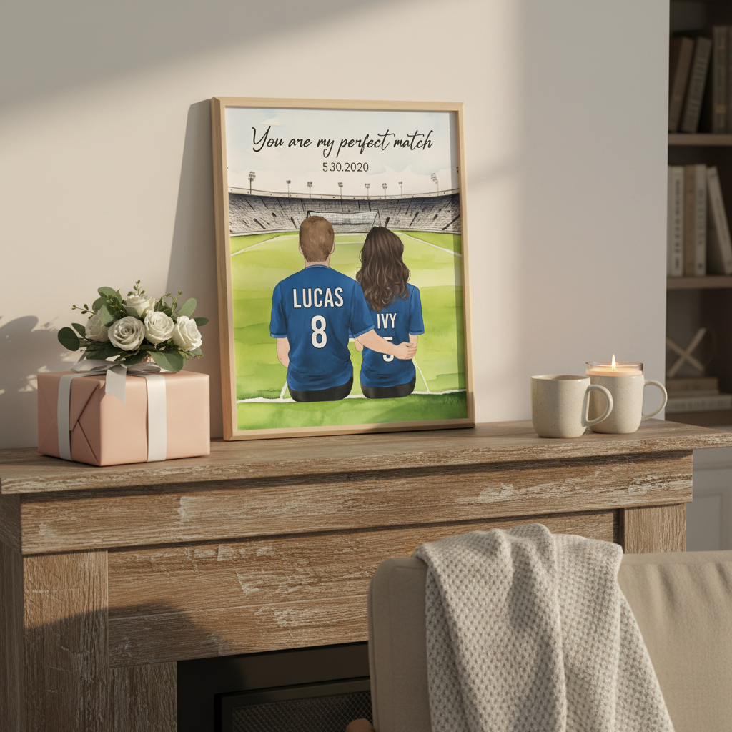 Customized Soccer Gifts for Him, Mothers Day Gift for Girlfriend or wife, Football Couple Portrait, Anniversary Gift, Personalized Art