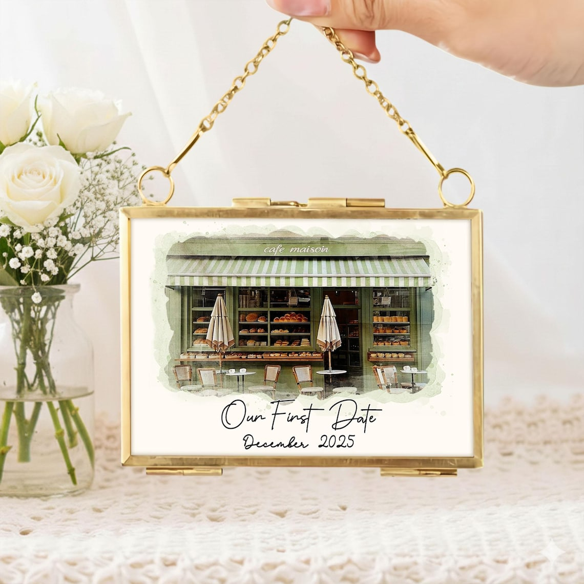 Our First Date Venue Portrait Frame, Custom Watercolor Couple Drawing, Personalized Anniversary Gift, Engagement Gift, Valentine Gifts