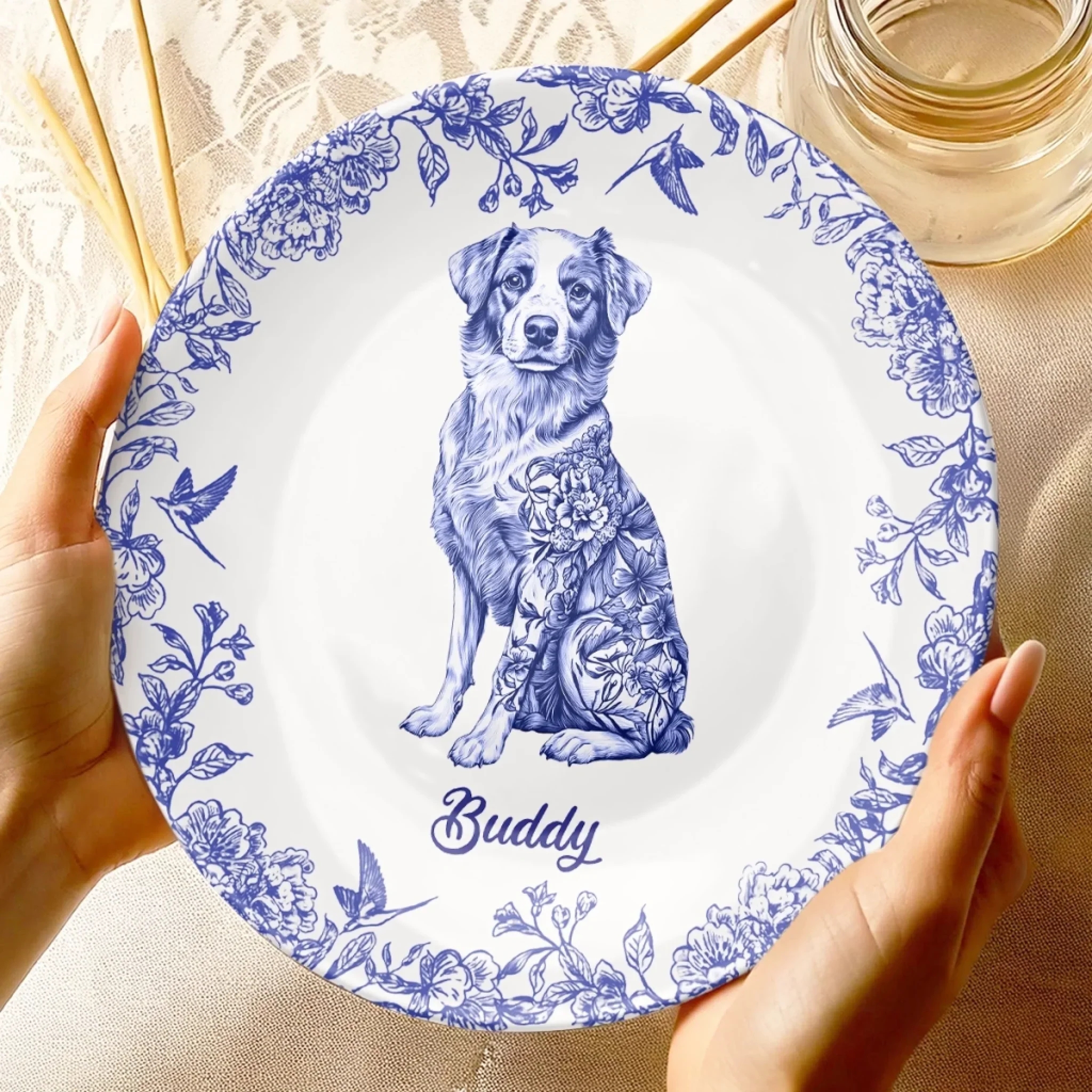 Whispers Of Love In Toile de Jouy Dog Personalized Custom Ceramic Plate Gift For Pet Owners, Pet Lovers