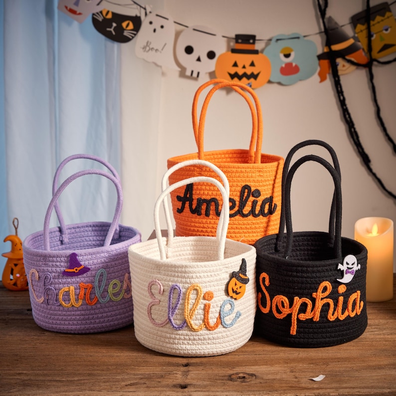 Personalized Halloween Cotton Basket Custom Name Trick-or-Treat Bag Custom Baby Shower Name Basket,Toys Storage Nursery Gift Pet Basket