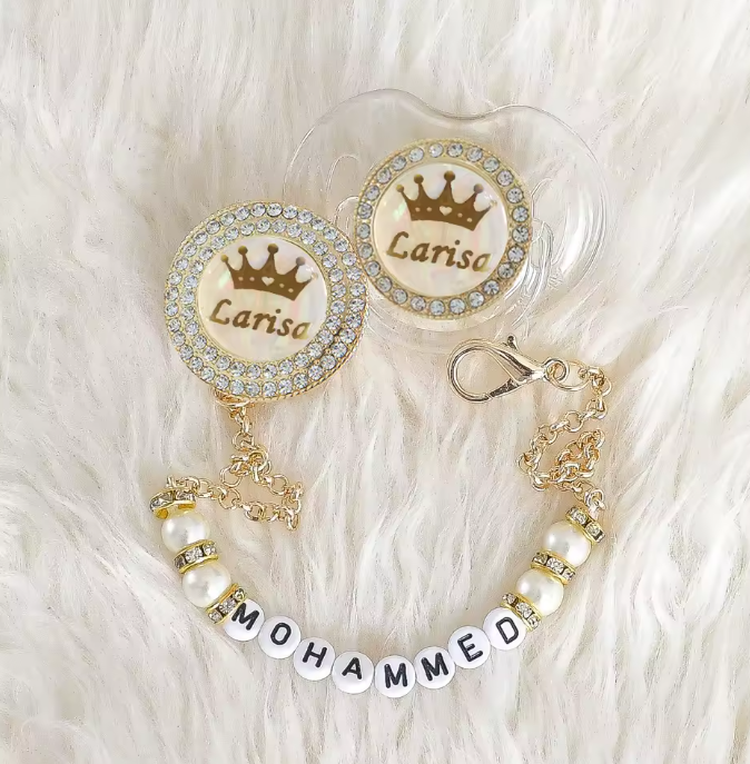 Custom Name Bling Gold Pacifier And Pacifier Clip Bpa Free Dummy Bling Unique Gift Baby Shower