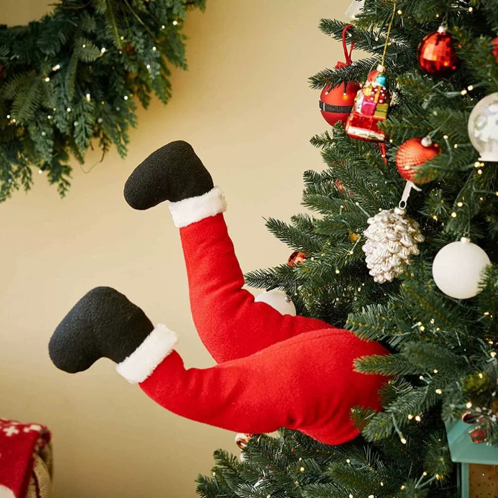 Funny Christmas Elf Legs Tree Decoration Plush Stuffed Green Monster Legs stuck in Christmas Tree