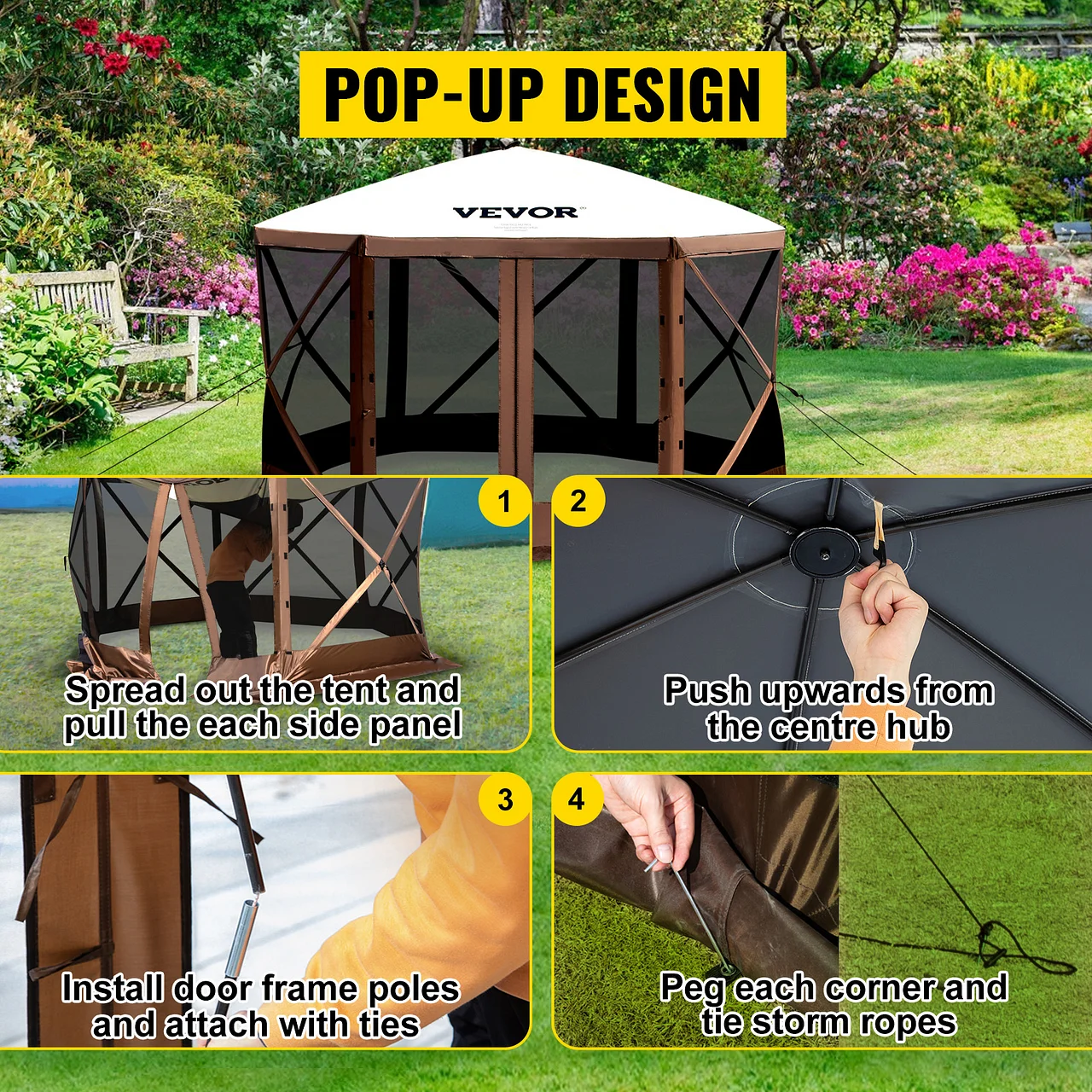 VEVOR camping gazebo setup steps: spread panels, push center hub, install door poles, peg corners.
