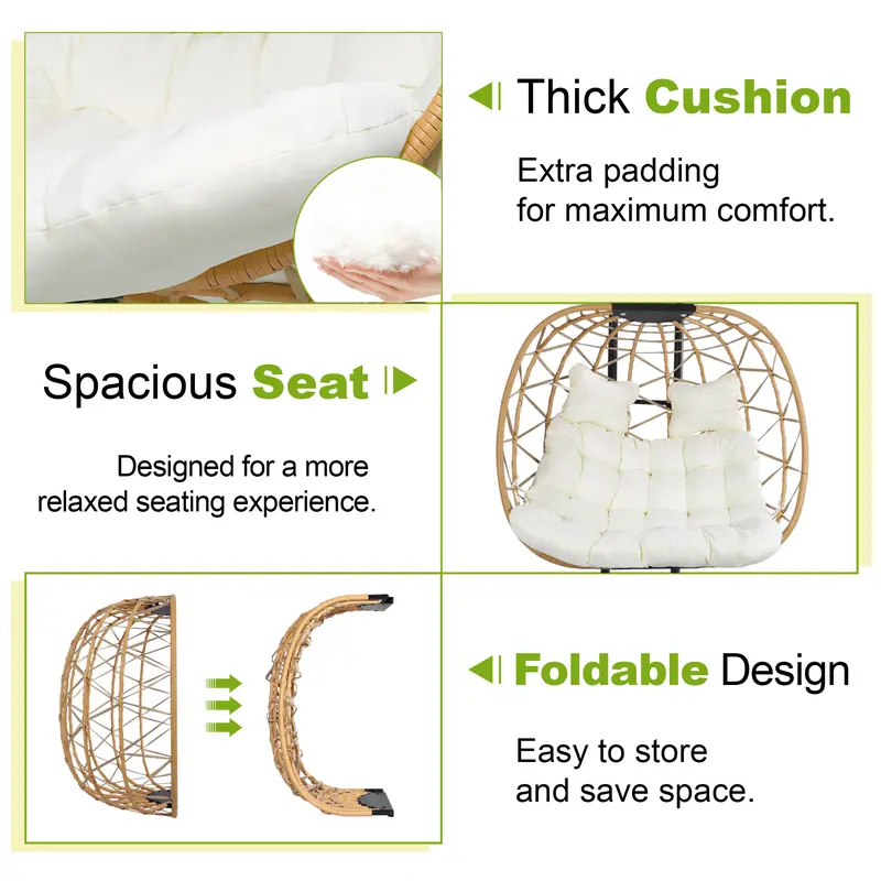 Product Introduction of FathersDayGift RIWENGO Double Hanging Egg Chair with Weather-Resistant Cushion, 700lbs Capacity - Foldable Patio Chair with Handwoven PE Wicker & Rust-Proof Frame, for Garden, Porch, Backyard 27