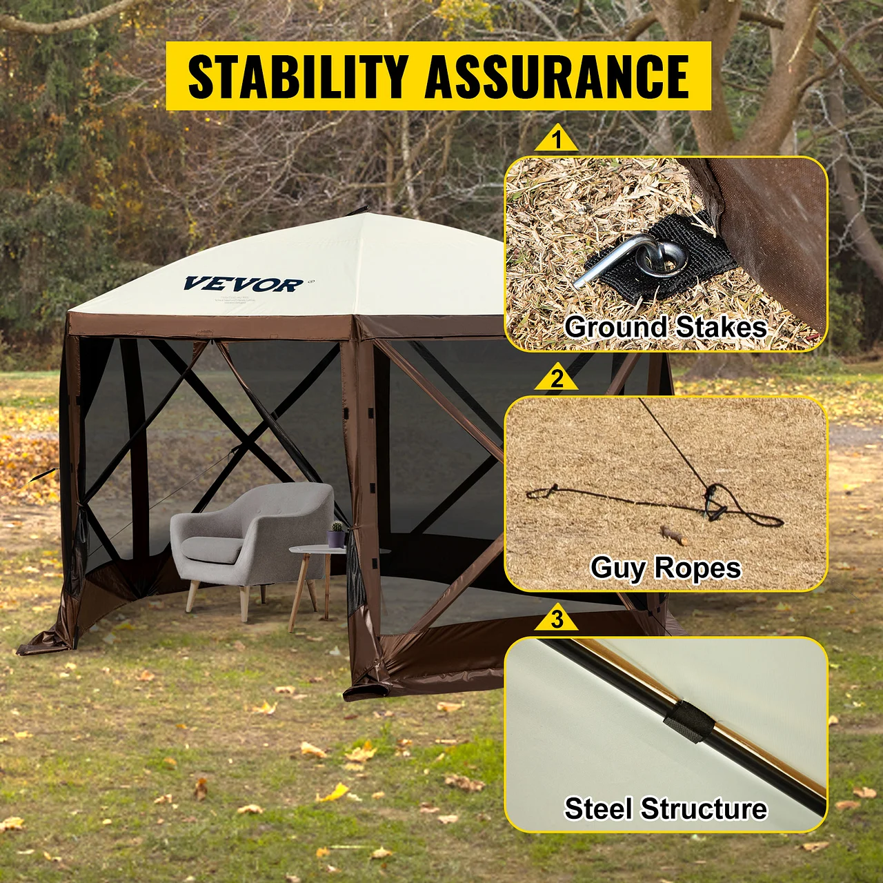 VEVOR camping gazebo in a park with stability features: ground stakes, guy ropes, and steel structure.