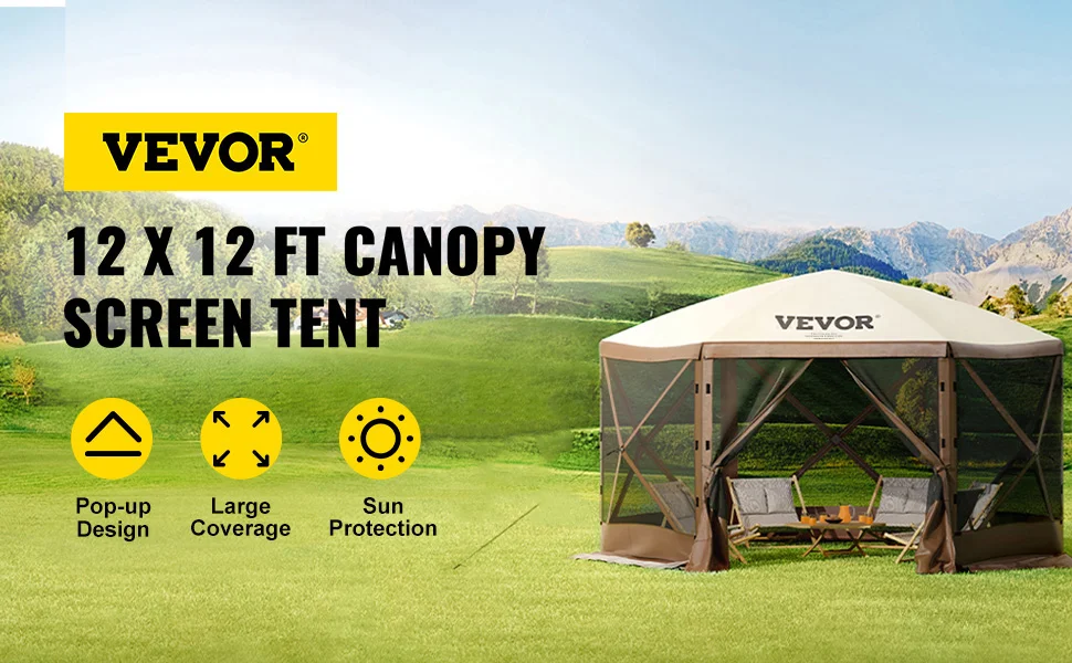 VEVOR camping gazebo 12x12 ft canopy screen tent with pop-up design, large coverage, sun protection, waterproof.