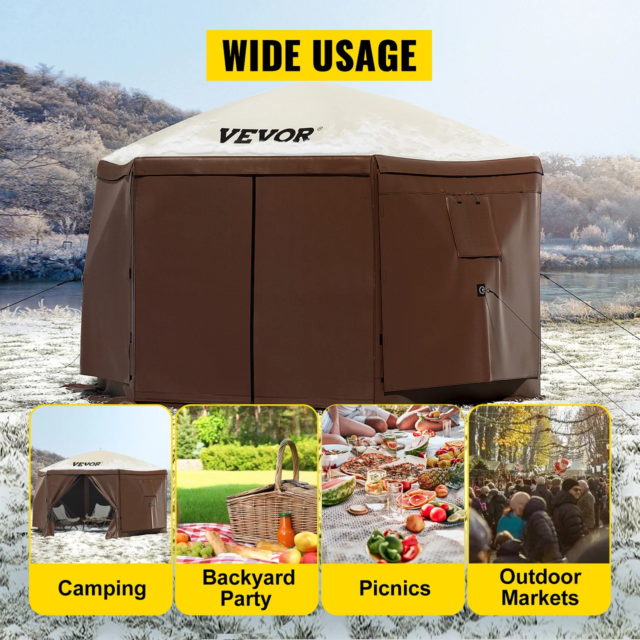 VEVOR camping gazebo for camping, backyard parties, picnics, and outdoor markets with wide usage.