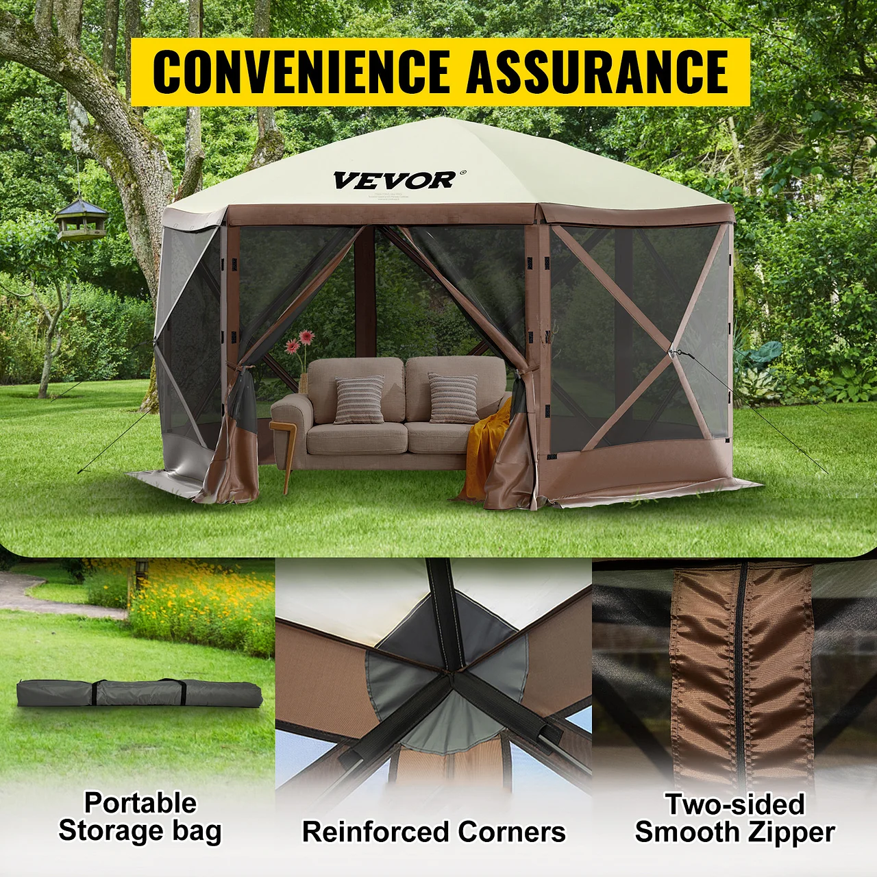 VEVOR camping gazebo in a grassy park with seating, featuring a portable storage bag and sturdy design.