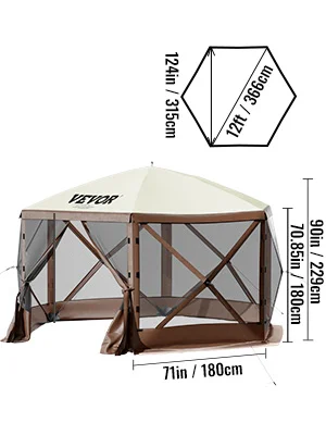 VEVOR camping gazebo with beige canopy, mesh sides, and detailed dimensions for outdoor use.