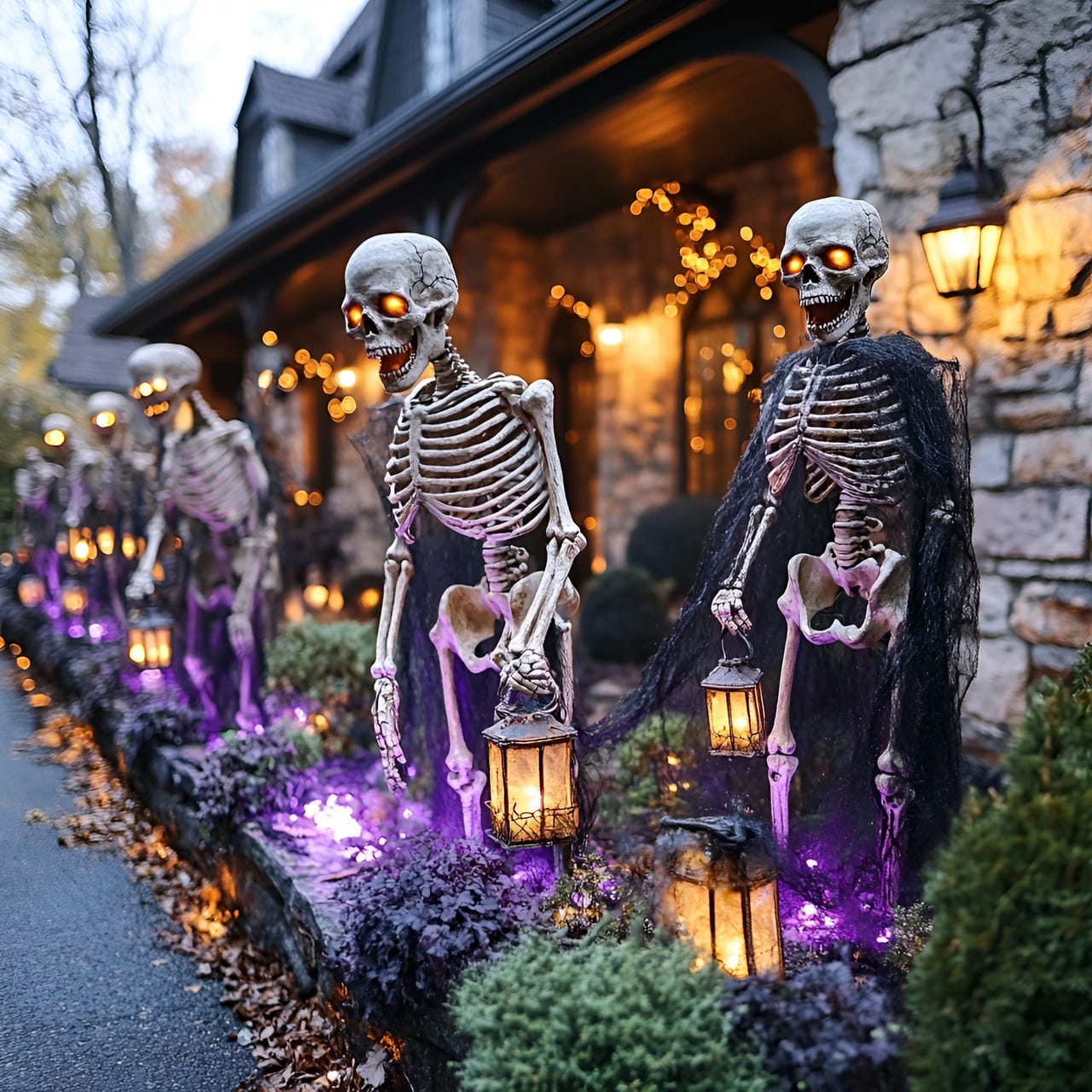 01. Skeleton Army Guarding the Driveway with Eerie Lantern Lights