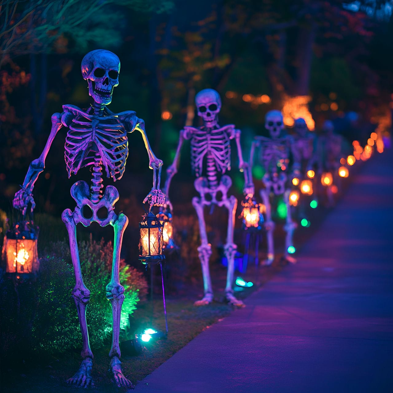 01. Skeleton Army Guarding the Driveway with Eerie Lantern Lights