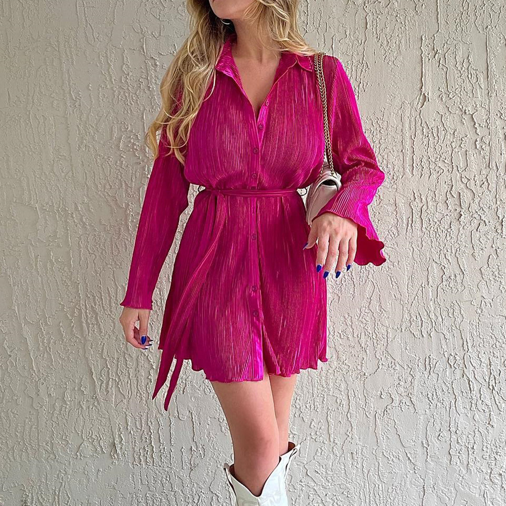 V-neck Lace-up Pleated Shirt Dress