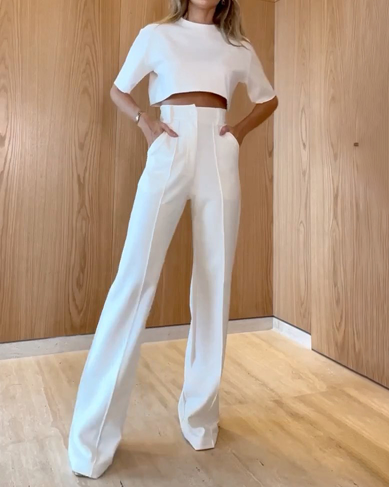 Round Neck Short Sleeve Top Trousers Solid Color Two-piece Suit-boocean.com
