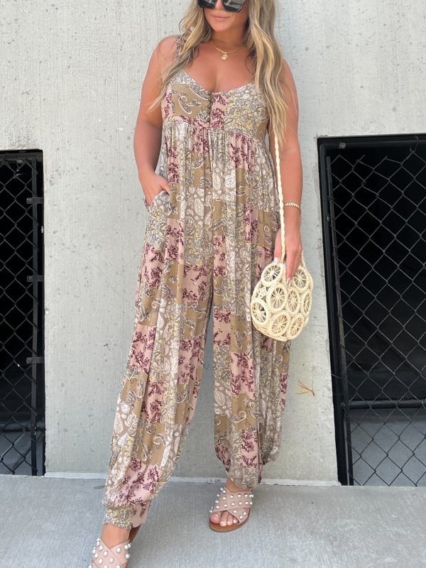 Patchwork Print Loose Jumpsuit (Buy 2 Free Shipping)-Pink Laura