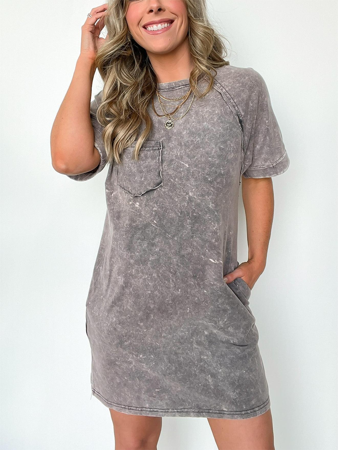 Mini Washed Short Sleeve Pocket T-Shirt Dress(Buy 2 Free Shipping)