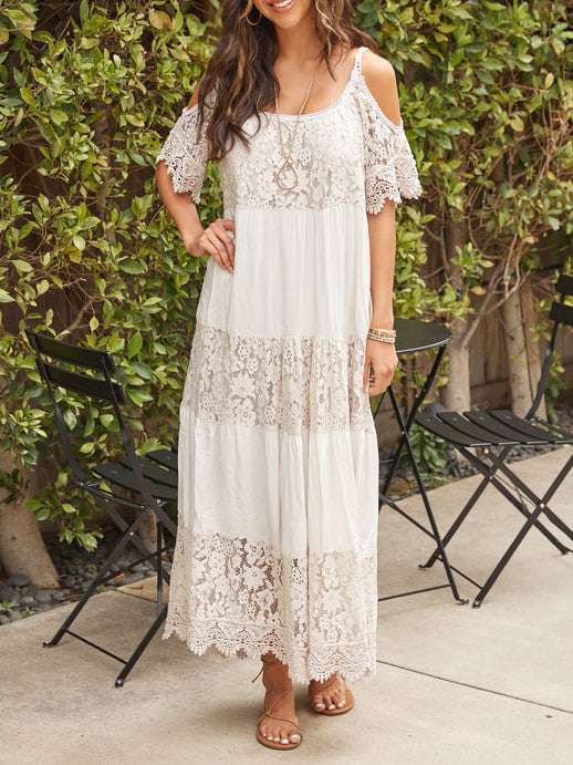 Lace Floral Stitching Off The Shoulder Maxi Dress-boocean.com