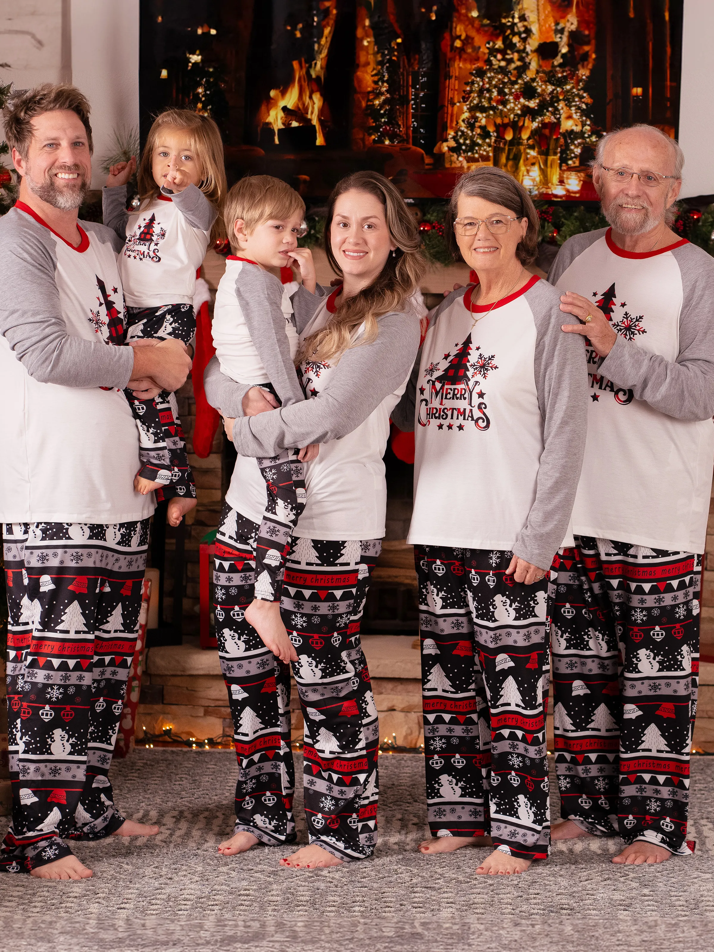 Christmas Tree Snowflake and Letters Print Grey Family Matching Long-sleeve Pajamas Sets