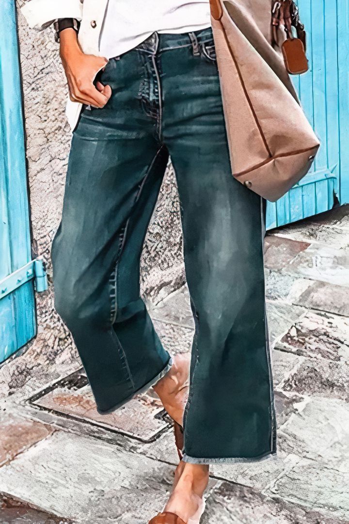 Washed Raw Hem Mid Waist Straight Leg Jeans-boocean.com