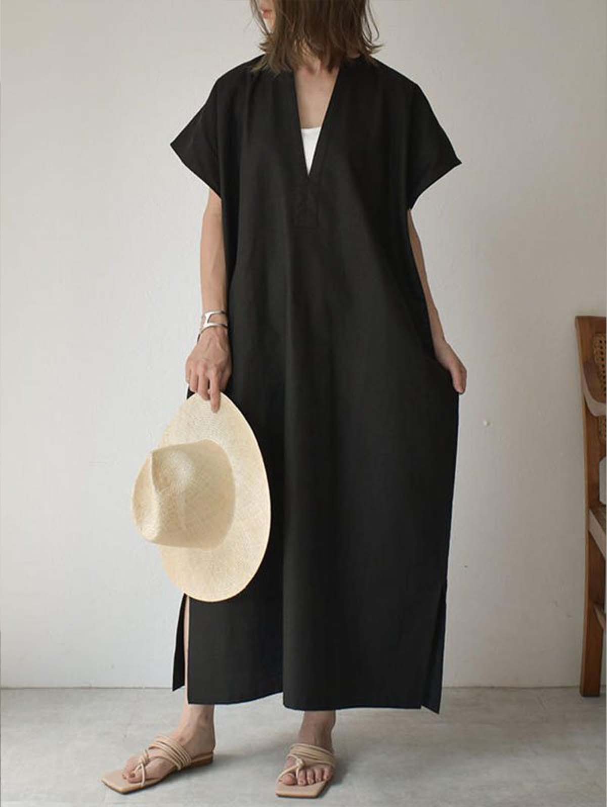 Simple Black&Beige Batwing Sleeve Split-Side Maxi Dress-boocean.com