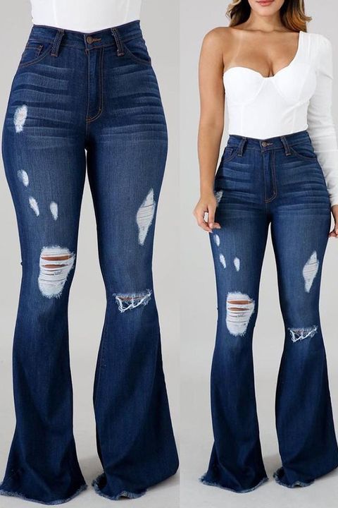 90s Vintage High Waist Ripped Flare Leg Jeans-boocean.com