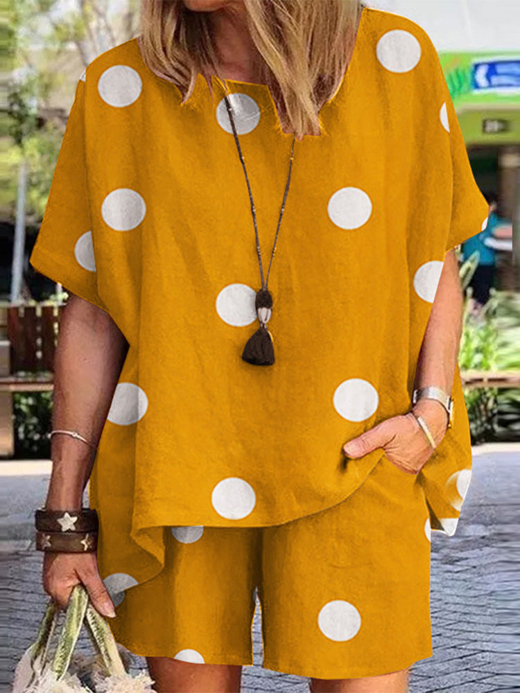 Dot Print Half Sleeve Elastic Waist Suit For Women-boocean.com