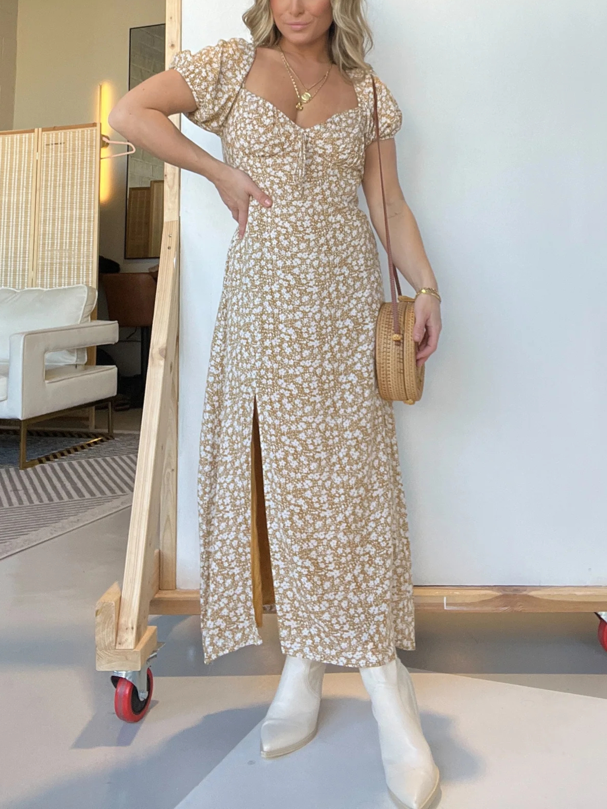 New Floral Midi Dress With Open Back Tie Detailing And Side Slit