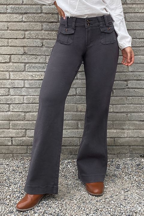 Solid Button Detail Flap Pocket Straight Leg Pants-boocean.com