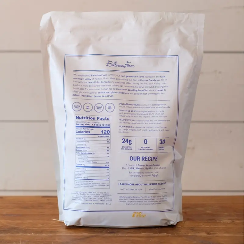 Farmer Protein Powder - Calf-First Sourced Bovine Colostrum, Collagen Peptides, Grass-Fed Whey, Hemp Protein, and Inulin Fiber