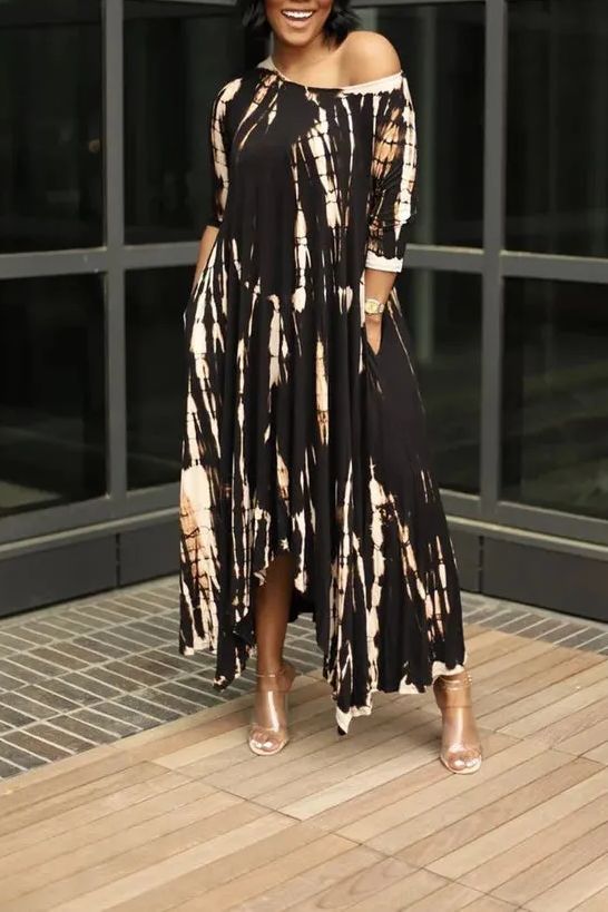 💃Loose Graffiti Tie-Dye Pocket Midi Dress-boocean.com