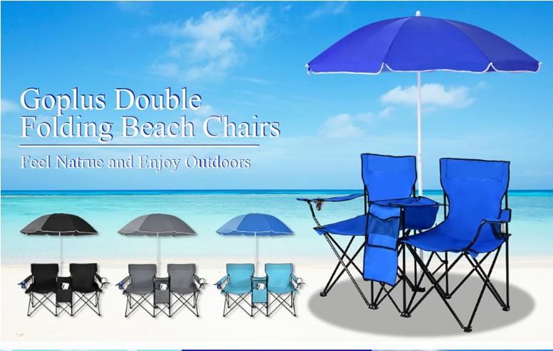 Product Introduction of [Costway] Double Portable Picnic Chairs, Folding Camping Chairs w/Detachable Umbrella, Cooler Bag, Cup Holders, Patio Beach Camping Chairs for Outdoors-Springtok 1