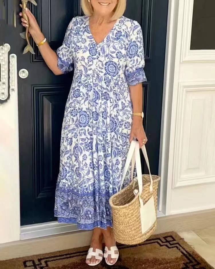 2023 new large size V-neck floral dress-boocean.com