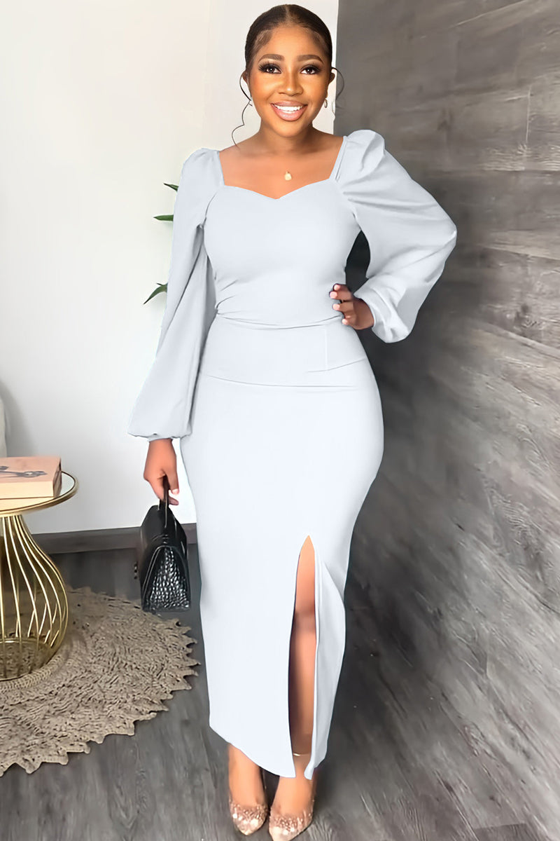 Long Sleeve Square Neck Slit Maxi Dresses-boocean.com
