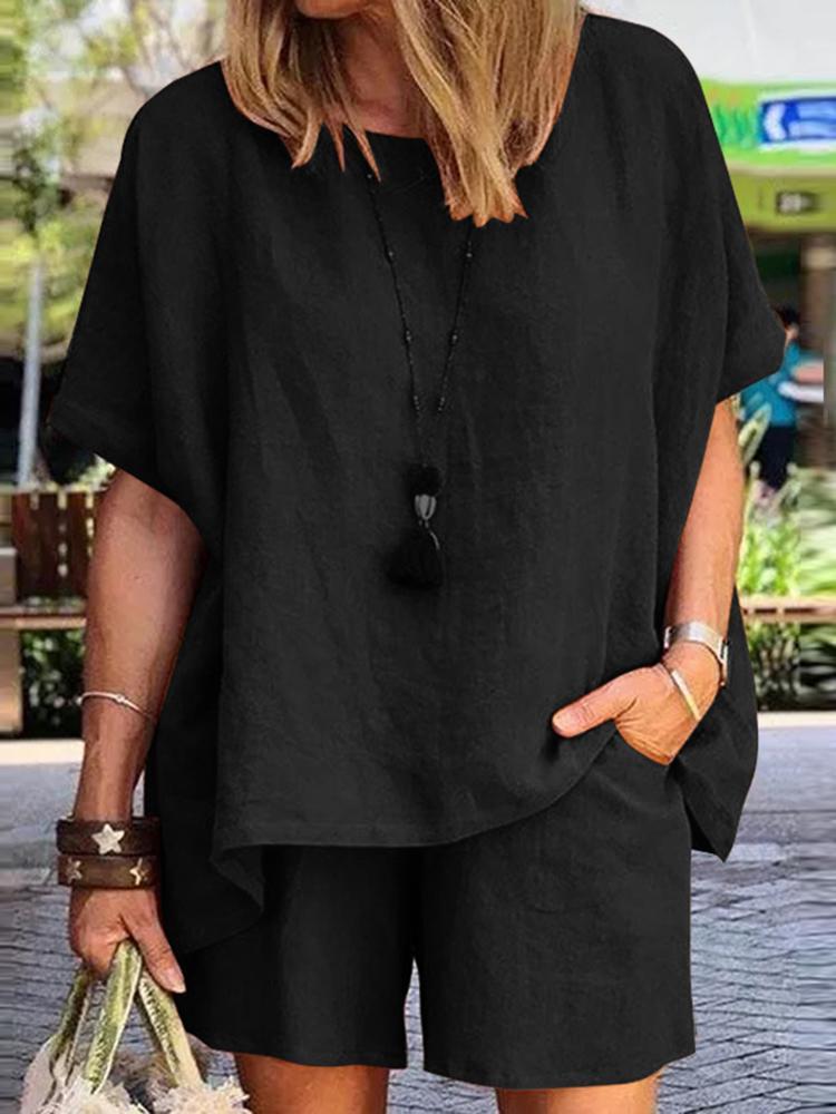 Solid color Elastic waist Suit (Blouse + Pants)-boocean.com