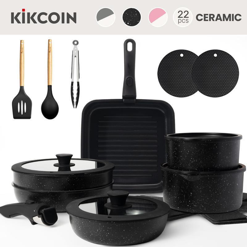 Kikcoin 22 pcs pots pans set Nonstick complete Cookware Set with Lids