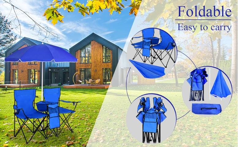 Product Introduction of [Costway] Double Portable Picnic Chairs, Folding Camping Chairs w/Detachable Umbrella, Cooler Bag, Cup Holders, Patio Beach Camping Chairs for Outdoors-Springtok 5