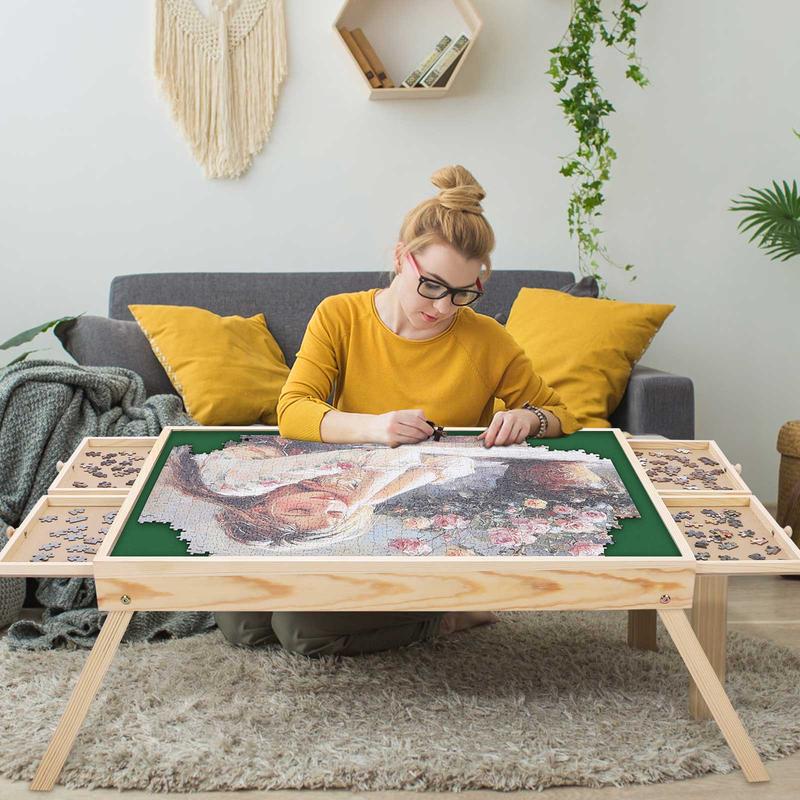Fygurso 1500Pcs Wooden Jigsaw Folding Puzzle Board, 35'' x 27'' with 6 Drawers & Protective Cover, Portable Table for Adults Kids