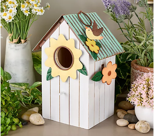 Garden Reflections Wooden Birdhouse with Floral Accents
