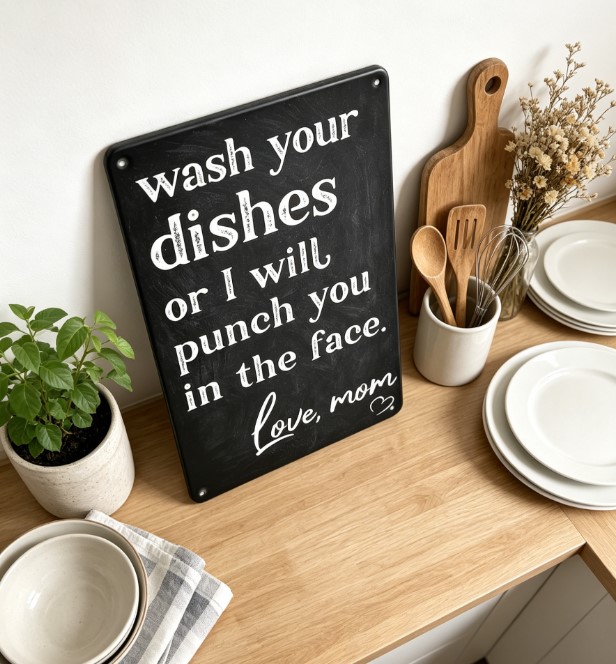 “Wash Your Dishes Or I’ll Punch You In The Face” Funny Metal Sign