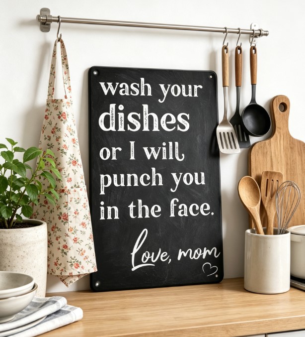 “Wash Your Dishes Or I’ll Punch You In The Face” Funny Metal Sign